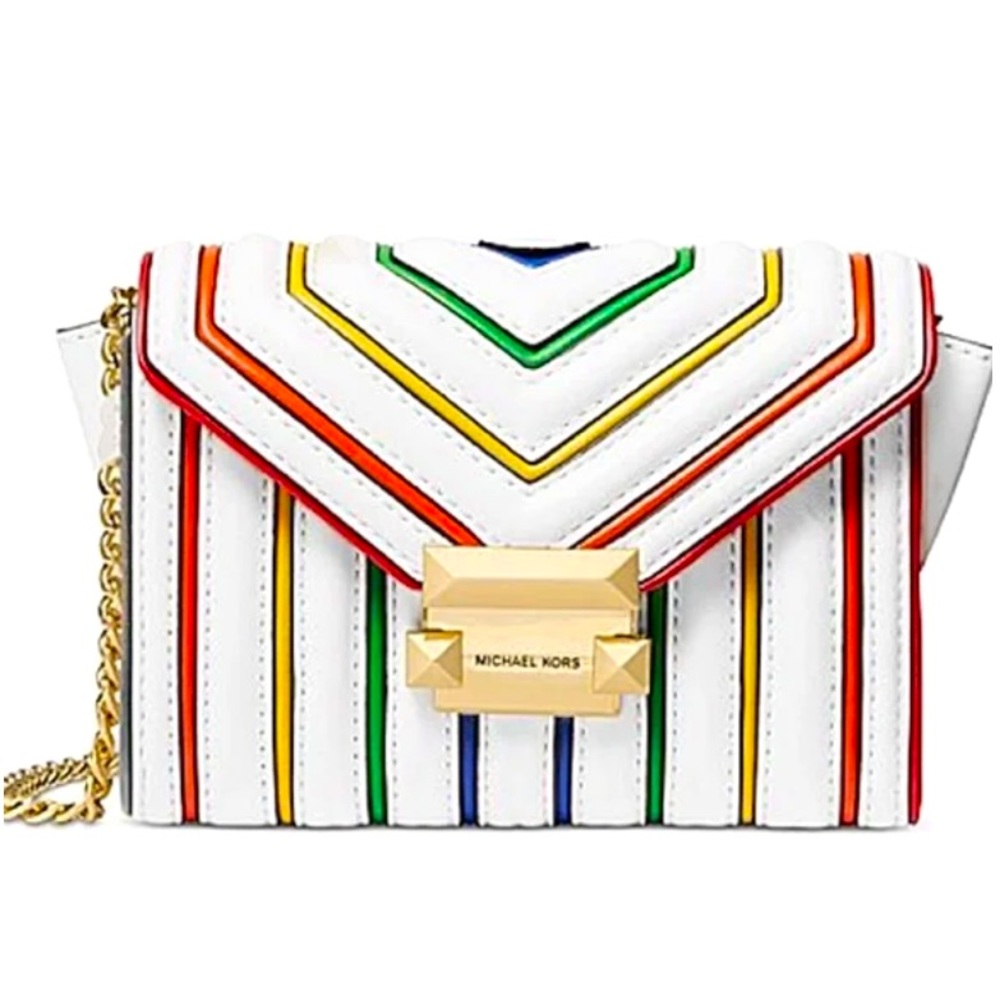 Michael Kors Rainbow Trim Leather Crossbody Optic White/Gold 2019